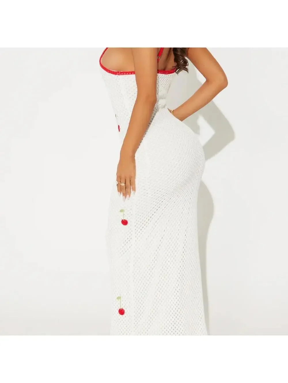 Sweet Girl Cherry Crochet Fruit Print Knit Maxi Dress White Red Size Large